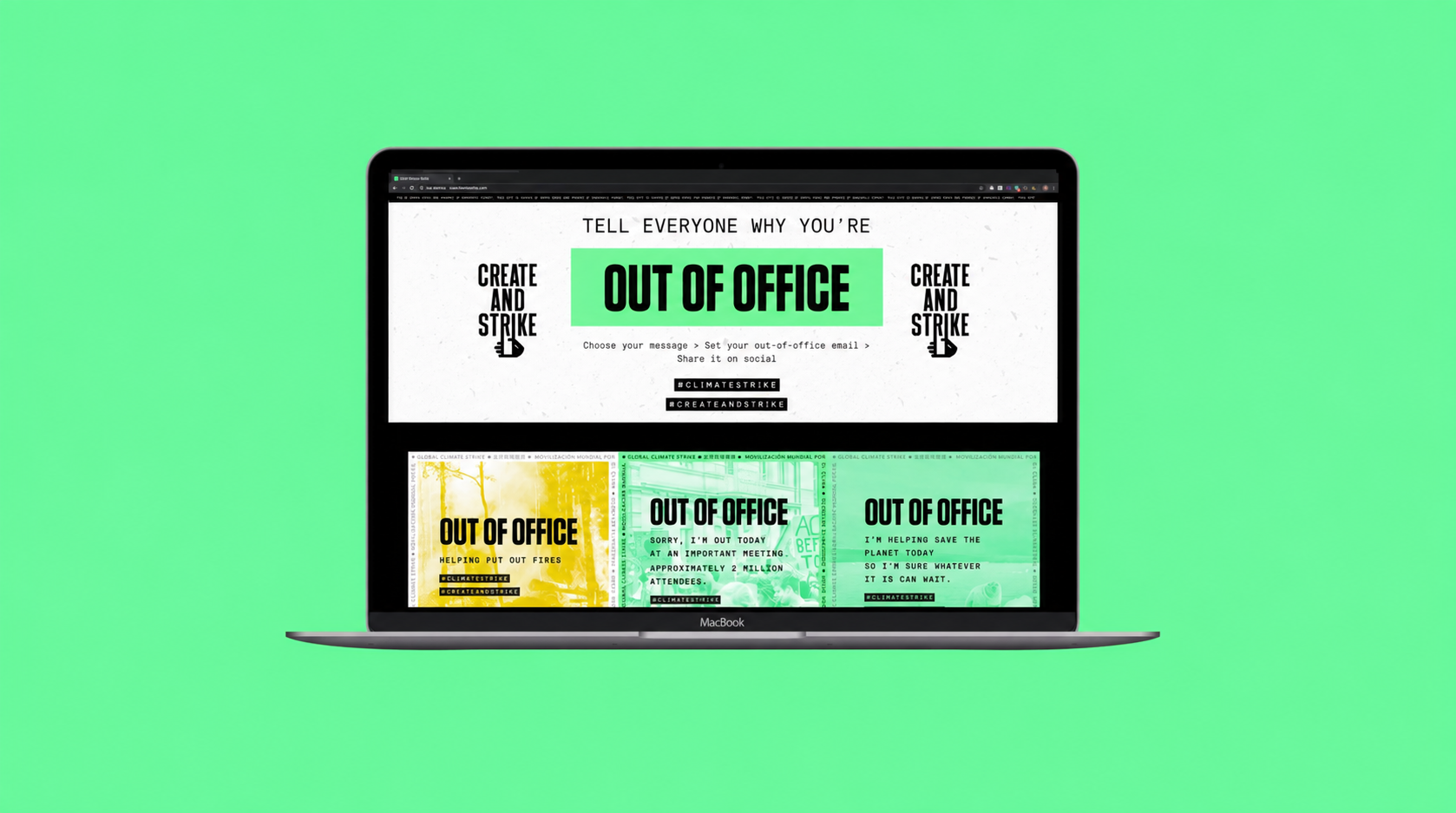 Climate Strike out-of-office website on a MacBook against a bright green background